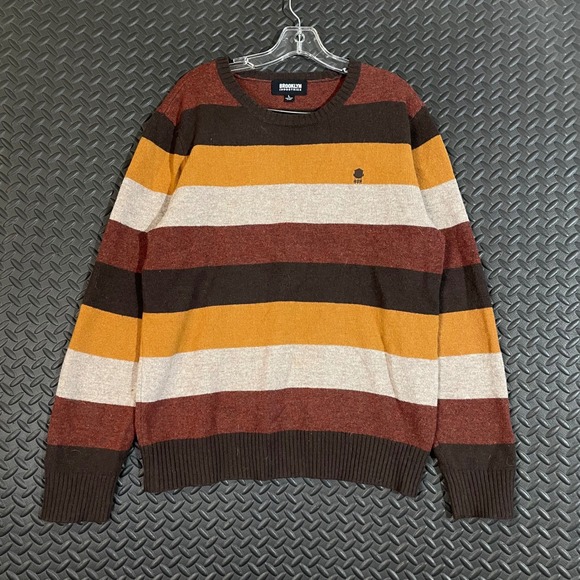 Brooklyn Industries Yellow White Brown Pullover Crewneck Elbow Patch Sweater L - Picture 1 of 8